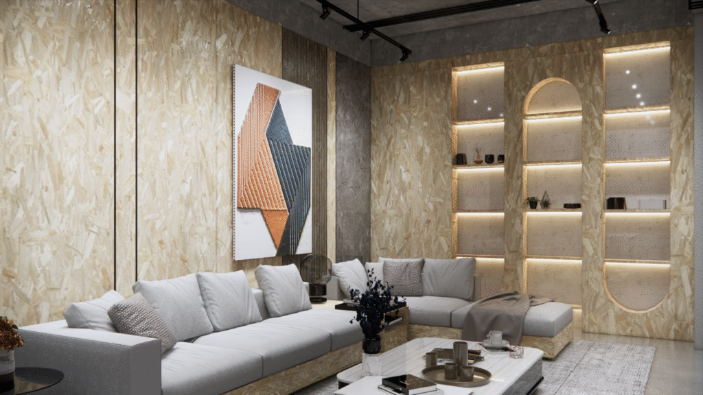 Desain Ruang Tamu Industrial dengan OSB